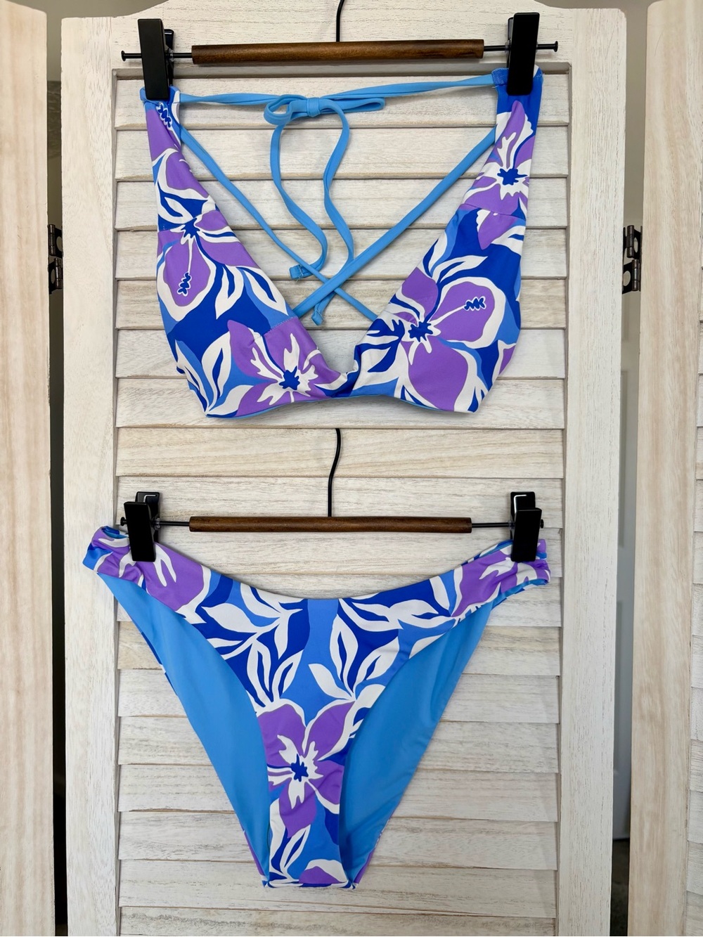 Roxy Floral Bikini Set Women’s Small Blue Purple Tropical Print Halter Swimwear